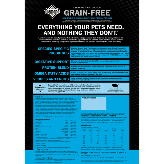ダイアモンドナチュラル ドッグフード グレインフリー 白身魚&スウィートポテト 裏面